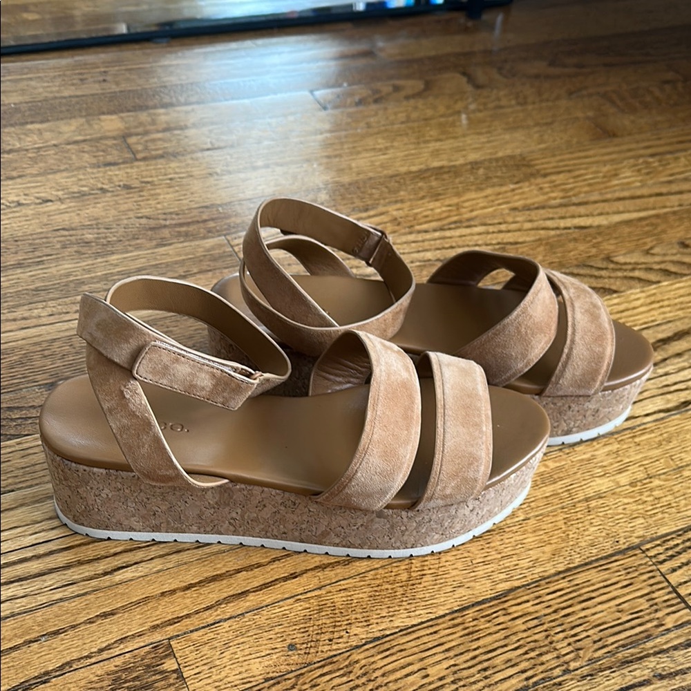 VINCE Women's Jet Cork Tan Suede Platform Sandals ankle strap